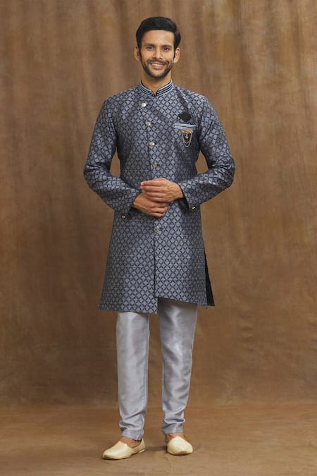Shop Arihant Rai Sinha Blue Brocade, Silk Embroidery Banarasi Mughal Jaal Pattern Kurta Set Online at Aza Fashions Shop_Arihant Rai Sinha_Blue Brocade, Silk Embroidery Banarasi Mughal Jaal Pattern Kurta Set _Online_at_Aza_Fashions