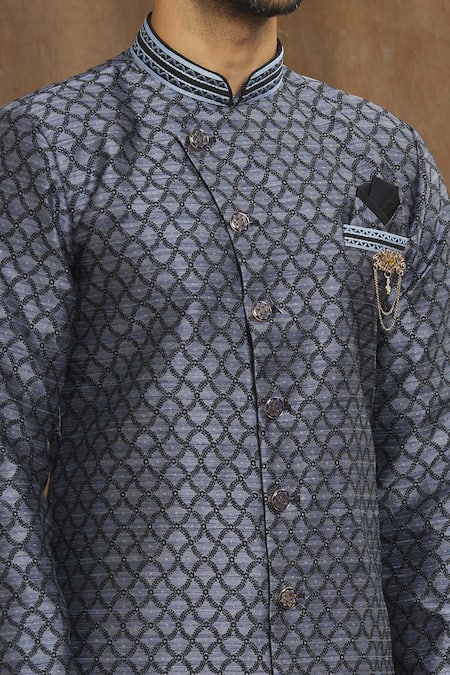 Arihant Rai Sinha Blue Brocade, Silk Embroidery Banarasi Mughal Jaal Pattern Kurta Set at Aza Fashions Arihant Rai Sinha_Blue Brocade, Silk Embroidery Banarasi Mughal Jaal Pattern Kurta Set _at_Aza_Fashions