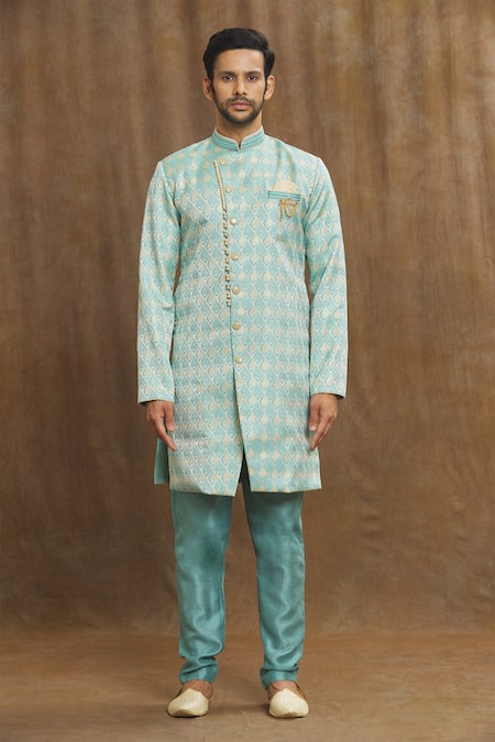 Arihant Rai Sinha Blue Brocade, Silk Embroidery Leaf Thread Kurta Set Online at Aza Fashions Arihant Rai Sinha_Blue Brocade, Silk Embroidery Leaf Thread Kurta Set _Online_at_Aza_Fashions