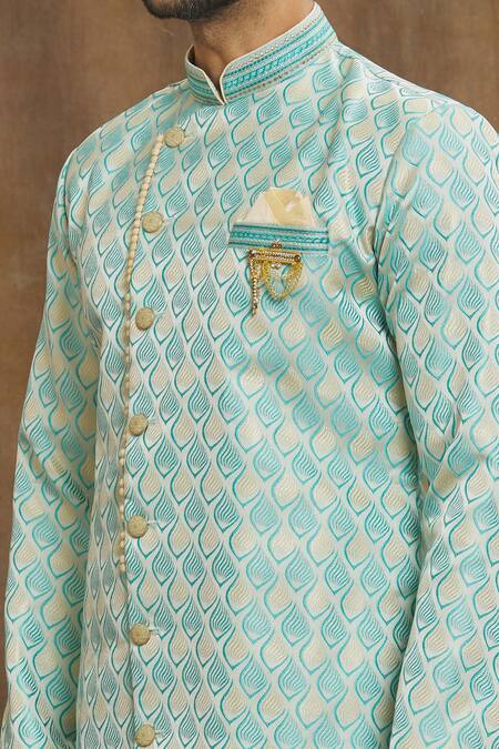 Shop Arihant Rai Sinha Blue Brocade, Silk Embroidery Leaf Thread Kurta Set Online at Aza Fashions Shop_Arihant Rai Sinha_Blue Brocade, Silk Embroidery Leaf Thread Kurta Set _Online_at_Aza_Fashions