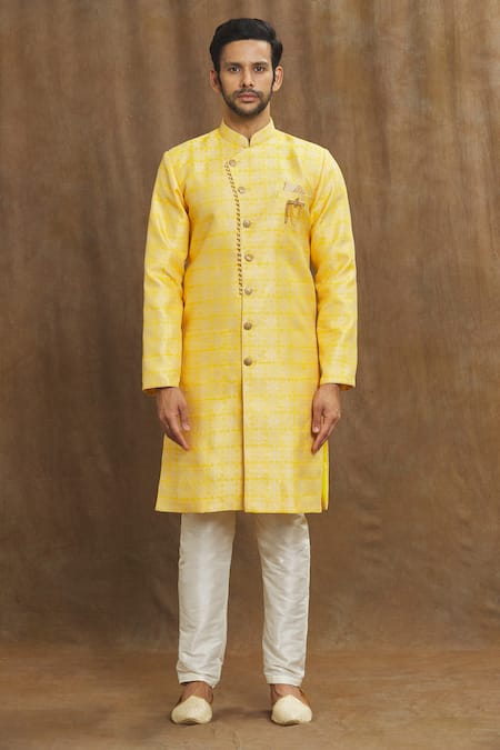 Arihant Rai Sinha Yellow Brocade, Silk Embroidery Banarasi Vintage Pattern Kurta Set Online at Aza Fashions Arihant Rai Sinha_Yellow Brocade, Silk Embroidery Banarasi Vintage Pattern Kurta Set _Online_at_Aza_Fashions
