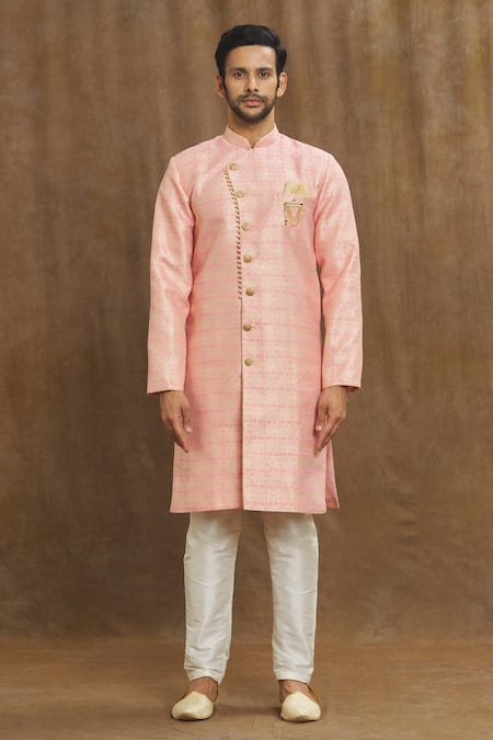 Arihant Rai Sinha_Pink Brocade, Silk Embroidery Vintage Woven Pattern Banarasi Kurta Set_Online_at_Aza_Fashions