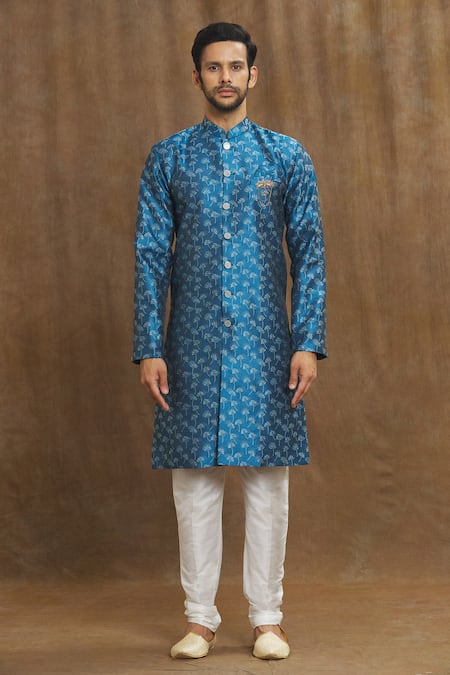 Arihant Rai Sinha_Blue Brocade, Silk Metallic Thread Banarasi Bloom Pattern Woven Kurta Set_Online_at_Aza_Fashions