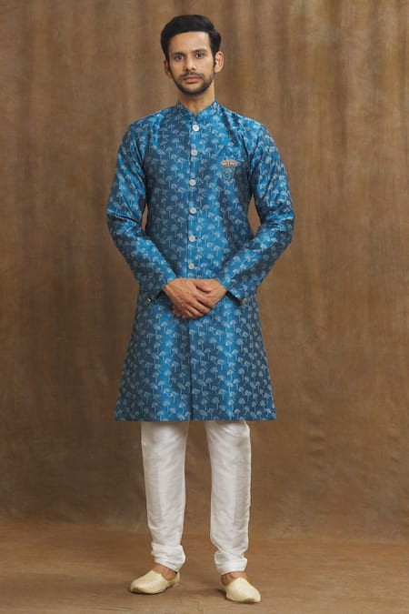Buy_Arihant Rai Sinha_Blue Brocade, Silk Metallic Thread Banarasi Bloom Pattern Woven Kurta Set_Online_at_Aza_Fashions