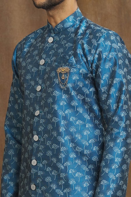 Shop_Arihant Rai Sinha_Blue Brocade, Silk Metallic Thread Banarasi Bloom Pattern Woven Kurta Set_Online_at_Aza_Fashions