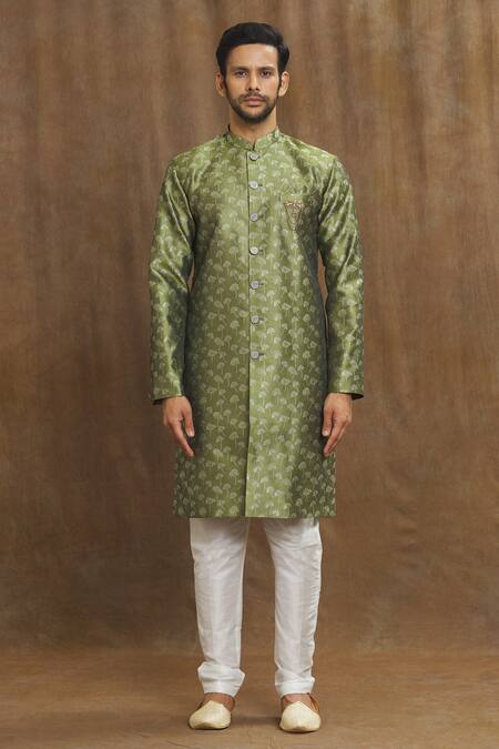 Arihant Rai Sinha Green Brocade, Silk Metallic Thread Banarasi Bloom Woven Pattern Kurta Set Online at Aza Fashions Arihant Rai Sinha_Green Brocade, Silk Metallic Thread Banarasi Bloom Woven Pattern Kurta Set _Online_at_Aza_Fashions