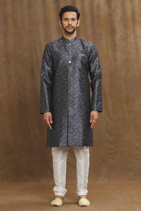 Arihant Rai Sinha Black Brocade, Silk Metallic Thread Bloom Pattern Banarasi Woven Kurta Set Online at Aza Fashions Arihant Rai Sinha_Black Brocade, Silk Metallic Thread Bloom Pattern Banarasi Woven Kurta Set _Online_at_Aza_Fashions