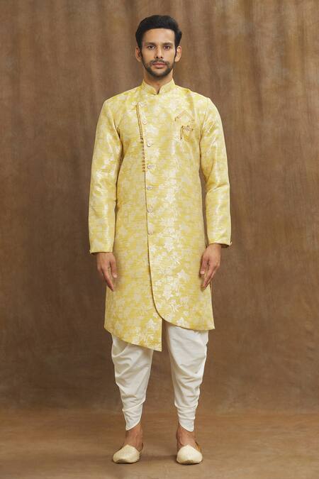 Arihant Rai Sinha Yellow Brocade, Silk Embroidery Leaf Woven Kurta Set Online at Aza Fashions Arihant Rai Sinha_Yellow Brocade, Silk Embroidery Leaf Woven Kurta Set_Online_at_Aza_Fashions