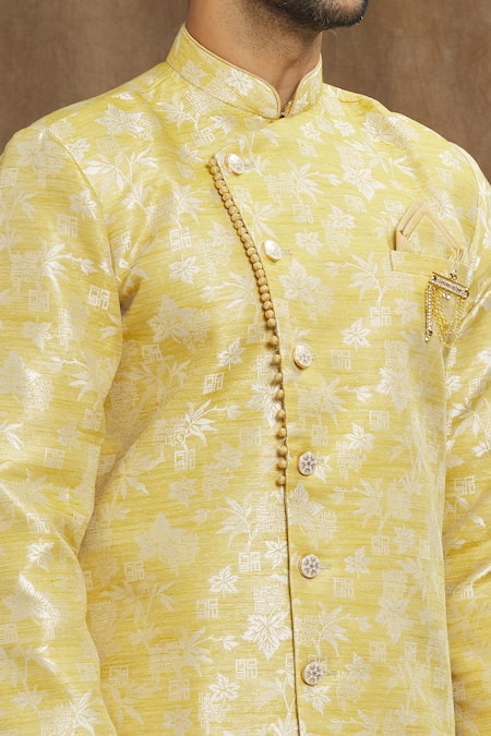 Shop Arihant Rai Sinha Yellow Brocade, Silk Embroidery Leaf Woven Kurta Set Online at Aza Fashions Shop_Arihant Rai Sinha_Yellow Brocade, Silk Embroidery Leaf Woven Kurta Set_Online_at_Aza_Fashions