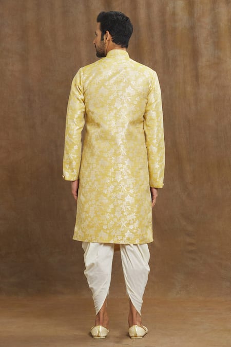 Shop Arihant Rai Sinha Yellow Brocade, Silk Embroidery Leaf Woven Kurta Set at Aza Fashions Shop_Arihant Rai Sinha_Yellow Brocade, Silk Embroidery Leaf Woven Kurta Set_at_Aza_Fashions