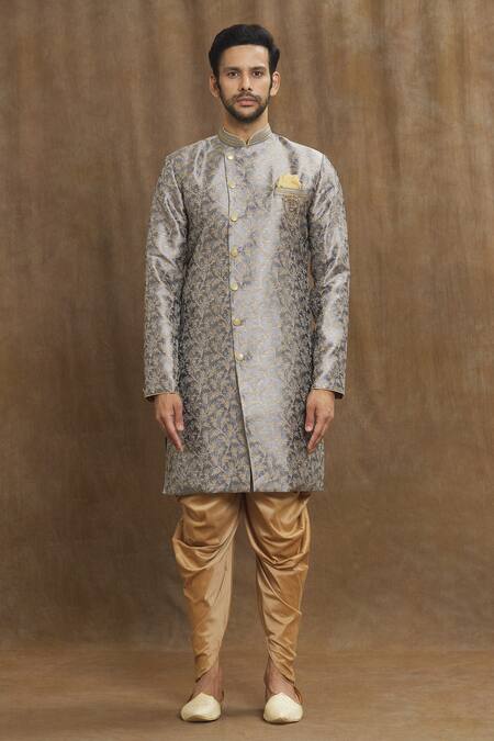Arihant Rai Sinha_Grey Brocade, Silk Embroidery Floral Vine Woven Kurta Set _Online_at_Aza_Fashions