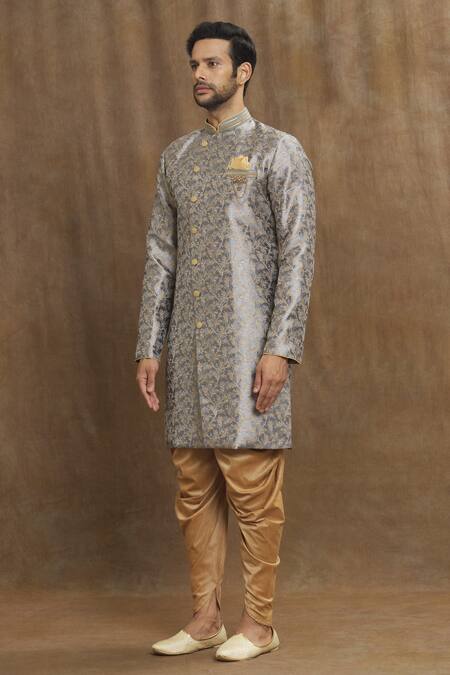 Buy_Arihant Rai Sinha_Grey Brocade, Silk Embroidery Floral Vine Woven Kurta Set _Online_at_Aza_Fashions