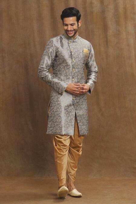 Shop_Arihant Rai Sinha_Grey Brocade, Silk Embroidery Floral Vine Woven Kurta Set _Online_at_Aza_Fashions
