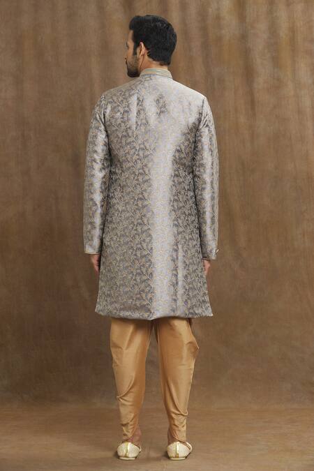 Shop_Arihant Rai Sinha_Grey Brocade, Silk Embroidery Floral Vine Woven Kurta Set _at_Aza_Fashions