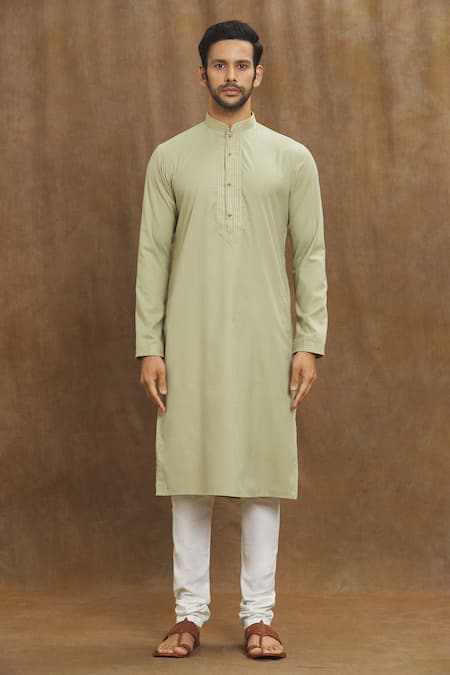 Arihant Rai Sinha_Green Silk Embroidery Solid Mandarin Collar Kurta _Online_at_Aza_Fashions