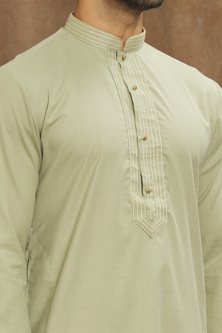 Shop_Arihant Rai Sinha_Green Silk Embroidery Solid Mandarin Collar Kurta _Online_at_Aza_Fashions
