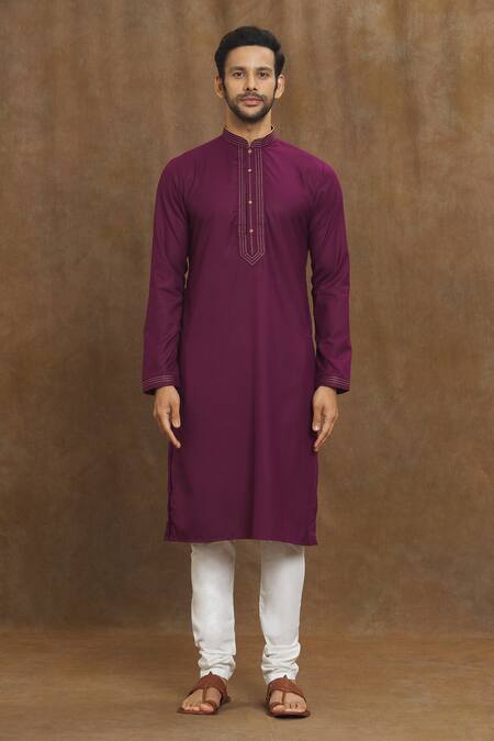 Arihant Rai Sinha Magenta Silk, Chanderi Embroidery Neckline Kurta Set Online at Aza Fashions Arihant Rai Sinha_Magenta Silk, Chanderi Embroidery Neckline Kurta Set _Online_at_Aza_Fashions