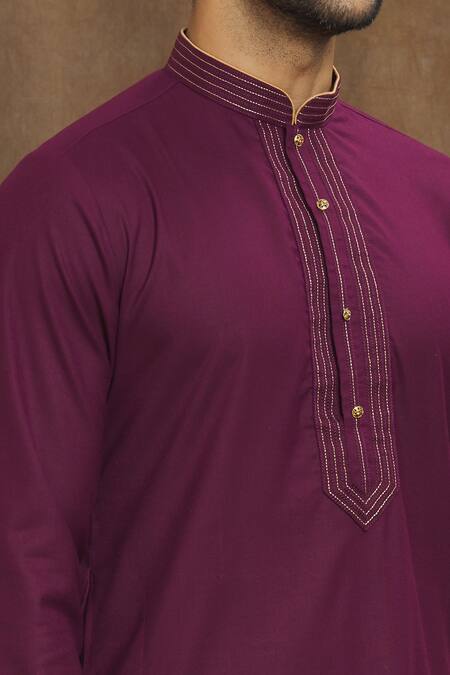 Shop Arihant Rai Sinha Magenta Silk, Chanderi Embroidery Neckline Kurta Set Online at Aza Fashions Shop_Arihant Rai Sinha_Magenta Silk, Chanderi Embroidery Neckline Kurta Set _Online_at_Aza_Fashions