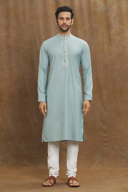 Arihant Rai Sinha_Blue Silk Embroidery Stitchline Thread Placement Kurta _Online_at_Aza_Fashions