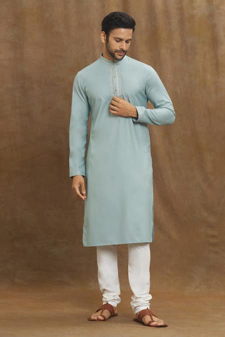 Buy_Arihant Rai Sinha_Blue Silk Embroidery Stitchline Thread Placement Kurta _Online_at_Aza_Fashions