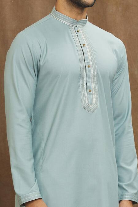 Shop_Arihant Rai Sinha_Blue Silk Embroidery Stitchline Thread Placement Kurta _Online_at_Aza_Fashions