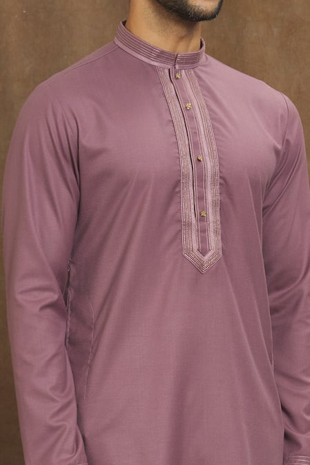 Shop_Arihant Rai Sinha_Purple Silk Embroidery Placket Kurta _Online_at_Aza_Fashions