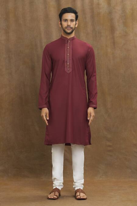 Arihant Rai Sinha Maroon Silk Embroidery Collar Kurta Online at Aza Fashions Arihant Rai Sinha_Maroon Silk Embroidery Collar Kurta _Online_at_Aza_Fashions