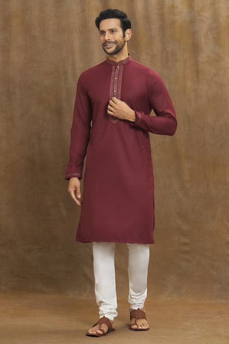 Buy Arihant Rai Sinha Maroon Silk Embroidery Collar Kurta Online at Aza Fashions Buy_Arihant Rai Sinha_Maroon Silk Embroidery Collar Kurta _Online_at_Aza_Fashions