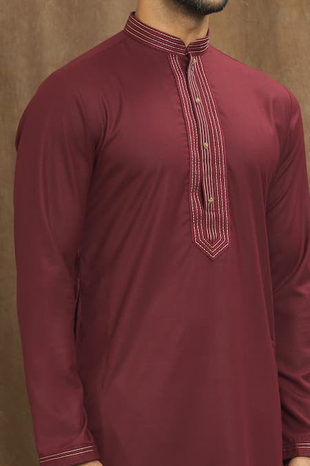 Shop Arihant Rai Sinha Maroon Silk Embroidery Collar Kurta Online at Aza Fashions Shop_Arihant Rai Sinha_Maroon Silk Embroidery Collar Kurta _Online_at_Aza_Fashions