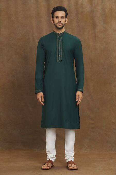 Arihant Rai Sinha Green Silk Embroidery Full Sleeve Placket Kurta Online at Aza Fashions Arihant Rai Sinha_Green Silk Embroidery Full Sleeve Placket Kurta _Online_at_Aza_Fashions