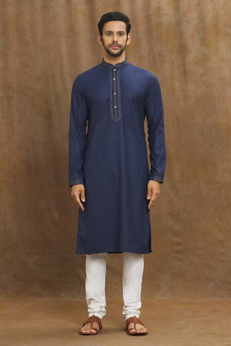 Arihant Rai Sinha_Blue Silk Embroidery Placket Straight Kurta _Online_at_Aza_Fashions