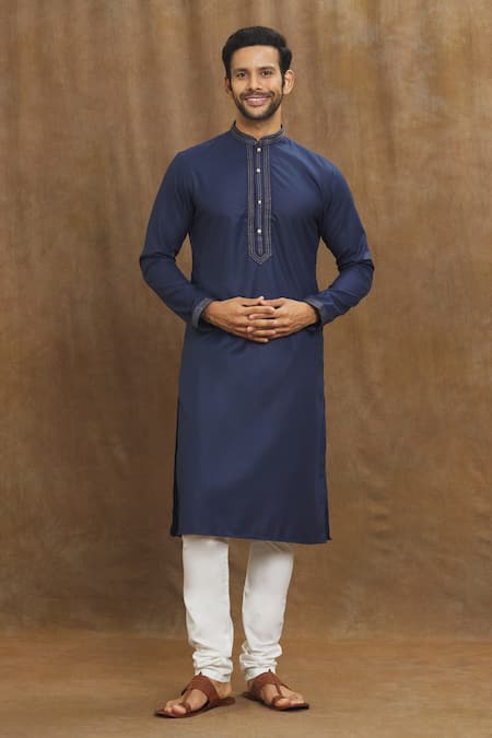 Buy_Arihant Rai Sinha_Blue Silk Embroidery Placket Straight Kurta _Online_at_Aza_Fashions