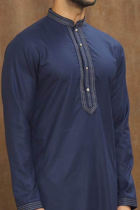 Shop_Arihant Rai Sinha_Blue Silk Embroidery Placket Straight Kurta _Online_at_Aza_Fashions