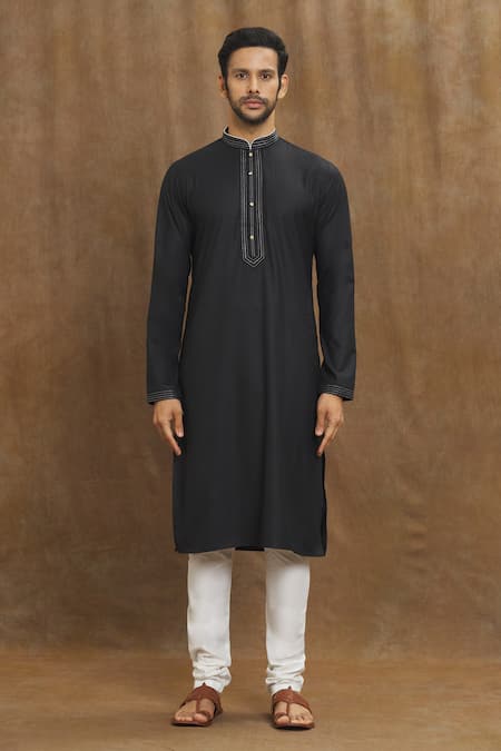 Arihant Rai Sinha_Black Silk Embroidery Stitchline Thread Placement Straight Kurta _Online_at_Aza_Fashions
