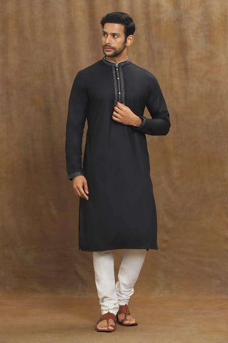 Buy_Arihant Rai Sinha_Black Silk Embroidery Stitchline Thread Placement Straight Kurta _Online_at_Aza_Fashions