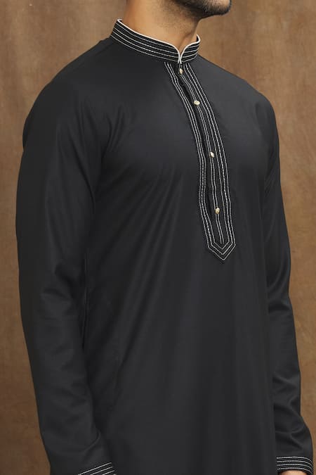 Shop_Arihant Rai Sinha_Black Silk Embroidery Stitchline Thread Placement Straight Kurta _Online_at_Aza_Fashions