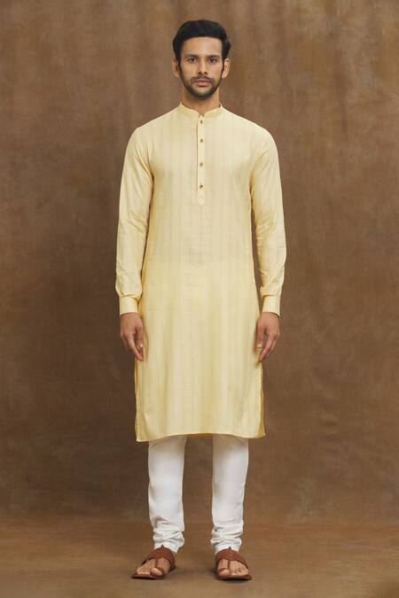 Arihant Rai Sinha_Gold Silk Linear Print Kurta _Online_at_Aza_Fashions