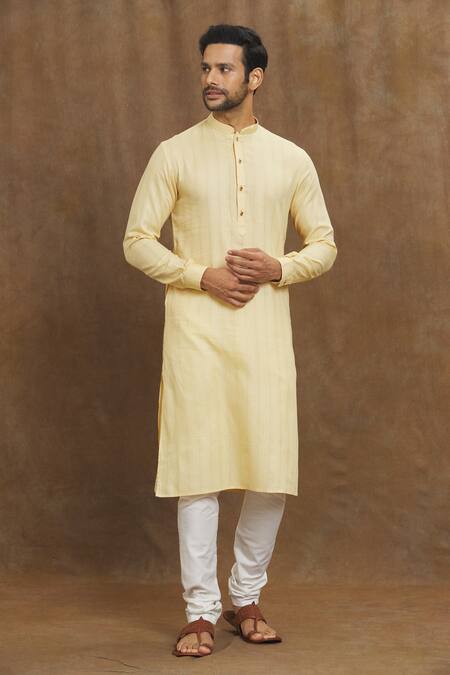 Buy_Arihant Rai Sinha_Gold Silk Linear Print Kurta _Online_at_Aza_Fashions