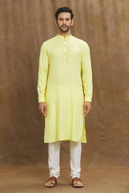 Arihant Rai Sinha Yellow Silk Stripe Print Straight Kurta Online at Aza Fashions Arihant Rai Sinha_Yellow Silk Stripe Print Straight Kurta _Online_at_Aza_Fashions