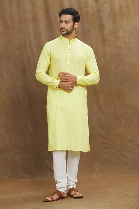 Buy Arihant Rai Sinha Yellow Silk Stripe Print Straight Kurta Online at Aza Fashions Buy_Arihant Rai Sinha_Yellow Silk Stripe Print Straight Kurta _Online_at_Aza_Fashions