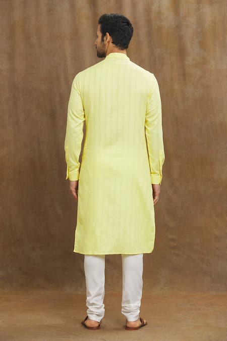 Shop Arihant Rai Sinha Yellow Silk Stripe Print Straight Kurta at Aza Fashions Shop_Arihant Rai Sinha_Yellow Silk Stripe Print Straight Kurta _at_Aza_Fashions