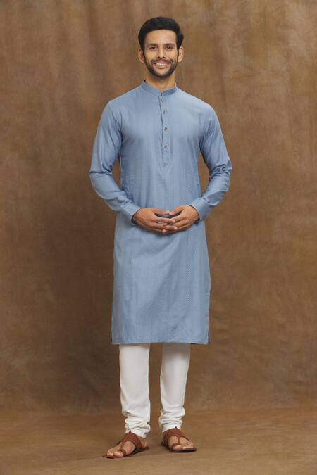 Shop Arihant Rai Sinha Blue Silk Linear Print Straight Kurta at Aza Fashions Shop_Arihant Rai Sinha_Blue Silk Linear Print Straight Kurta_at_Aza_Fashions