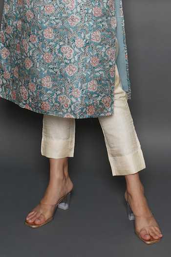 Kameez_Blue Tussar Embroidery Split V-neck Flower Bloom Print Kurta With Dupatta _Online_at_Aza_Fashions