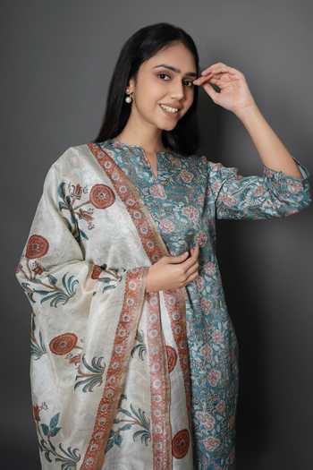 Shop_Kameez_Blue Tussar Embroidery Split V-neck Flower Bloom Print Kurta With Dupatta _Online_at_Aza_Fashions