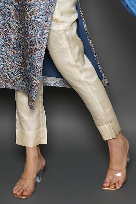 Buy_Kameez_Blue Tussar, Silk Mandarin Collar Paisley Print Kurta With Dupatta _Online_at_Aza_Fashions