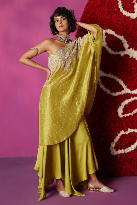 Mrunalini Rao_Green Silk Pearls, Sequins, Liana Neckline Embroidered Kaftan And Draped Pant Set _Online_at_Aza_Fashions