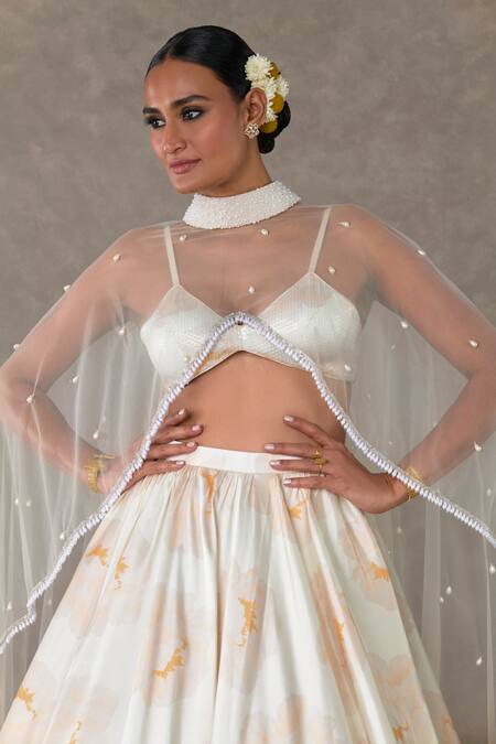 Masaba_Ivory Silk, Satin, Taffeta Pearls, Beads Nurvi Floral Print Flared Skirt Set_at_Aza_Fashions