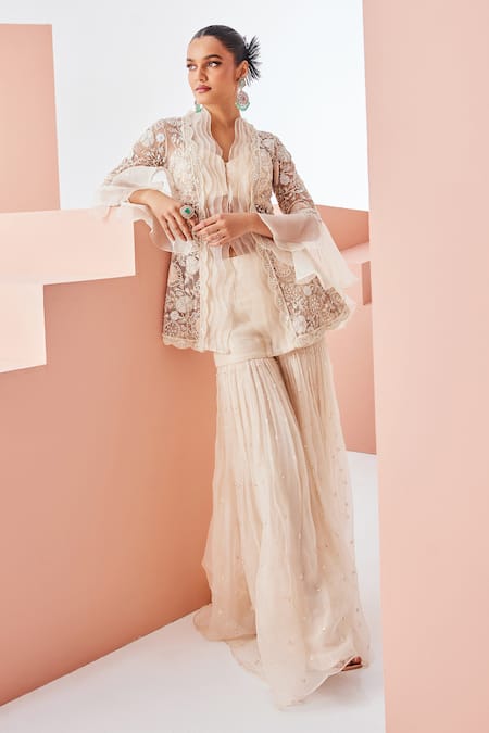 Awigna Ivory Organza, Net Embroidery Asymmetric, Sweetheart Neck Jacket And Pant Set