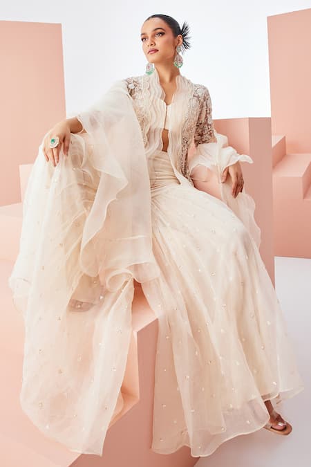 Shop Awigna Ivory Organza, Net Embroidery Asymmetric, Sweetheart Neck Jacket And Pant Set at Aza Fashions Shop_Awigna_Ivory Organza, Net Embroidery Asymmetric, Sweetheart Neck Jacket And Pant Set _at_Aza_Fashions