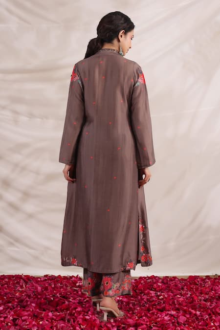 Shop_Label Niti Bothra_Brown Silk Beads, Sequins, Embroidery V-neck Bahaar Printed Kurta And Palazzo Set _at_Aza_Fashions